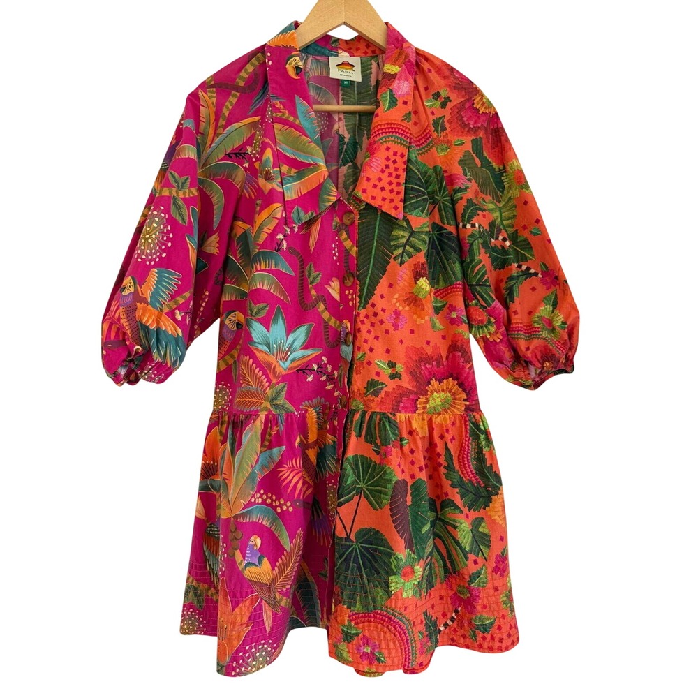 FARM Rio XS Colorblock Mixed Tropical Print Mini Shirt Dress Pink Orange Birds - Picture 1 of 7